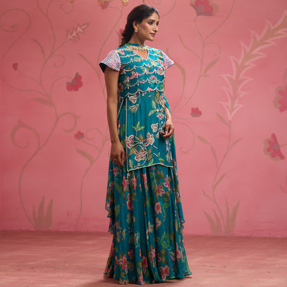 Bloom Story – Teal Garden Hand-Embroidered Layered Floral Dress