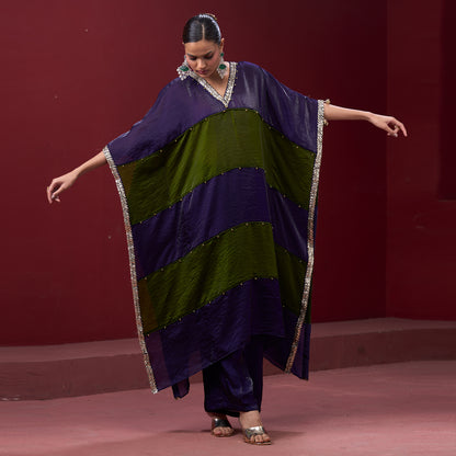 Embellished Purple & Green Neck Kaftan Set