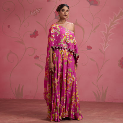 Bloom Story – Rose Pink One-Shoulder Hand-Embroidered Cape Top Set