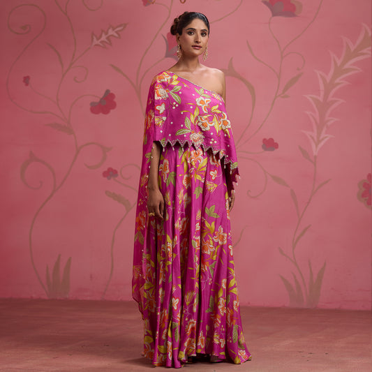 Bloom Story – Rose Pink One-Shoulder Hand-Embroidered Cape Top Set
