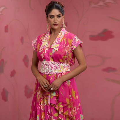 Bloom Story – Rose Pink Indo-Western Layered Dress with Embroidered Waist Belt