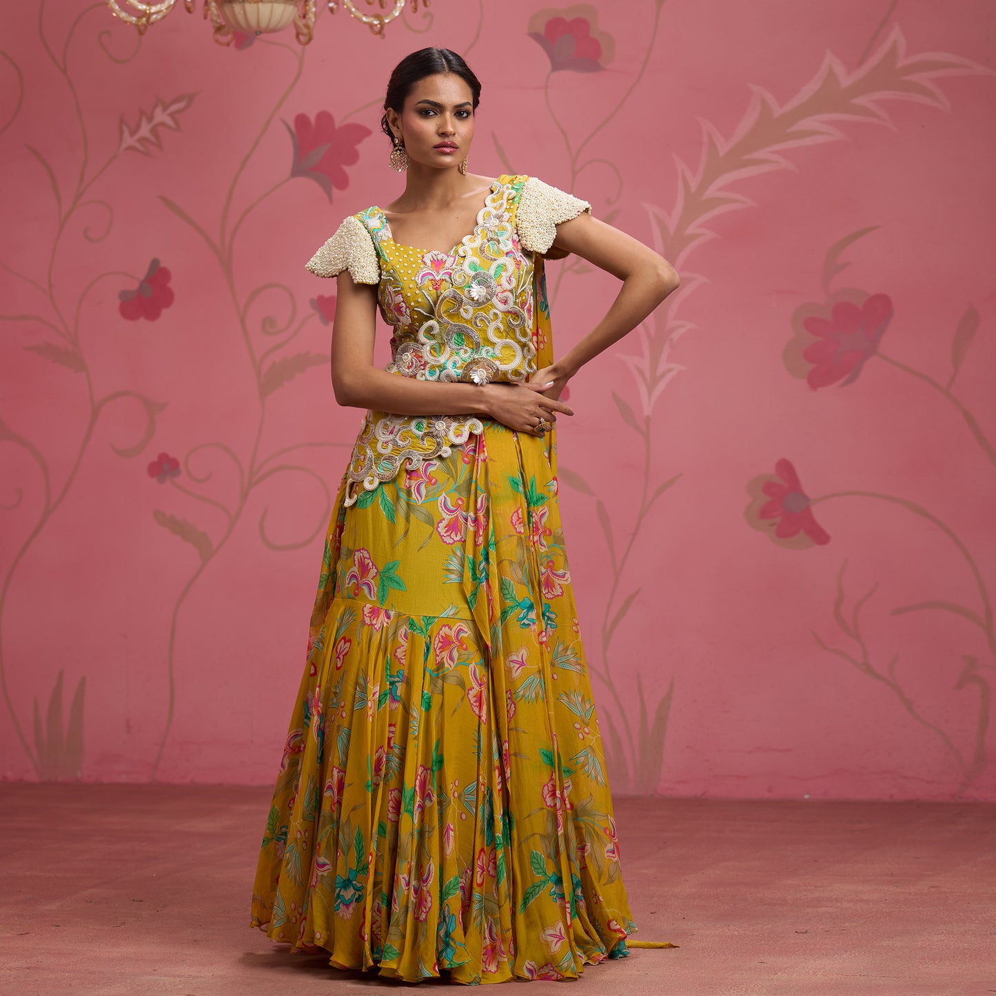 Bloom Story – Mustard Garden Handcrafted Draped Lehenga Set