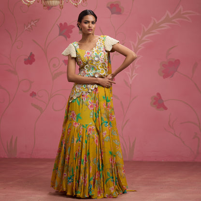 Bloom Story – Mustard Garden Handcrafted Draped Lehenga Set
