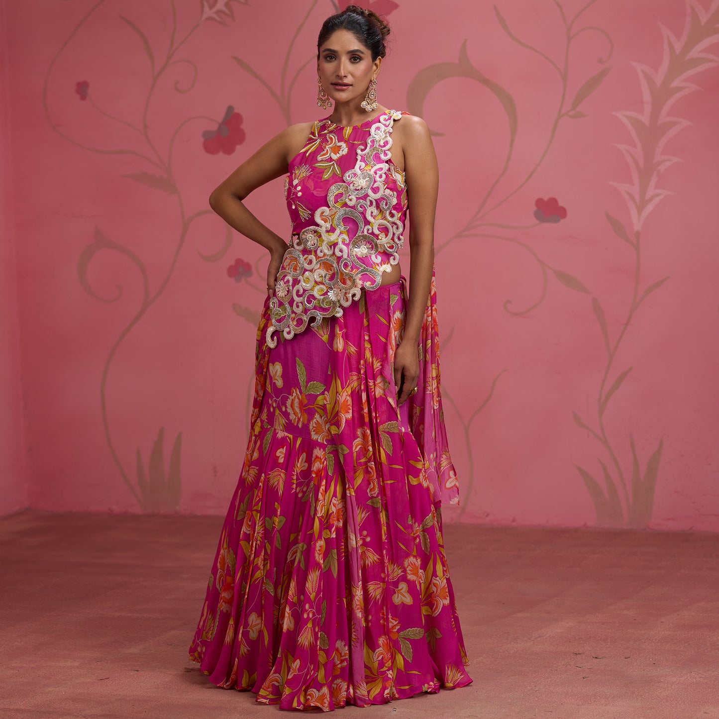 Bloom Story – Rose Pink Garden Handcrafted Draped Lehenga Set