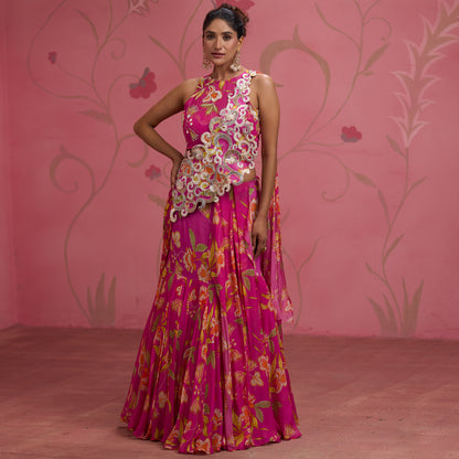 Bloom Story – Rose Pink Garden Handcrafted Draped Lehenga Set
