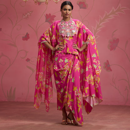 Bloom Story – Rose Pink Hand-Embroidered Cape Top Set