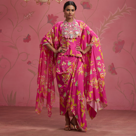 Bloom Story – Rose Pink Hand-Embroidered Cape Top Set