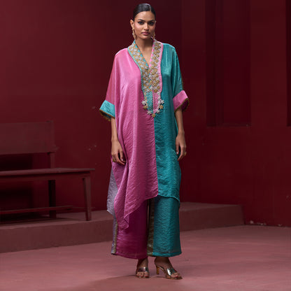 Embellished Pink & Turquoise Neck Kaftan Set