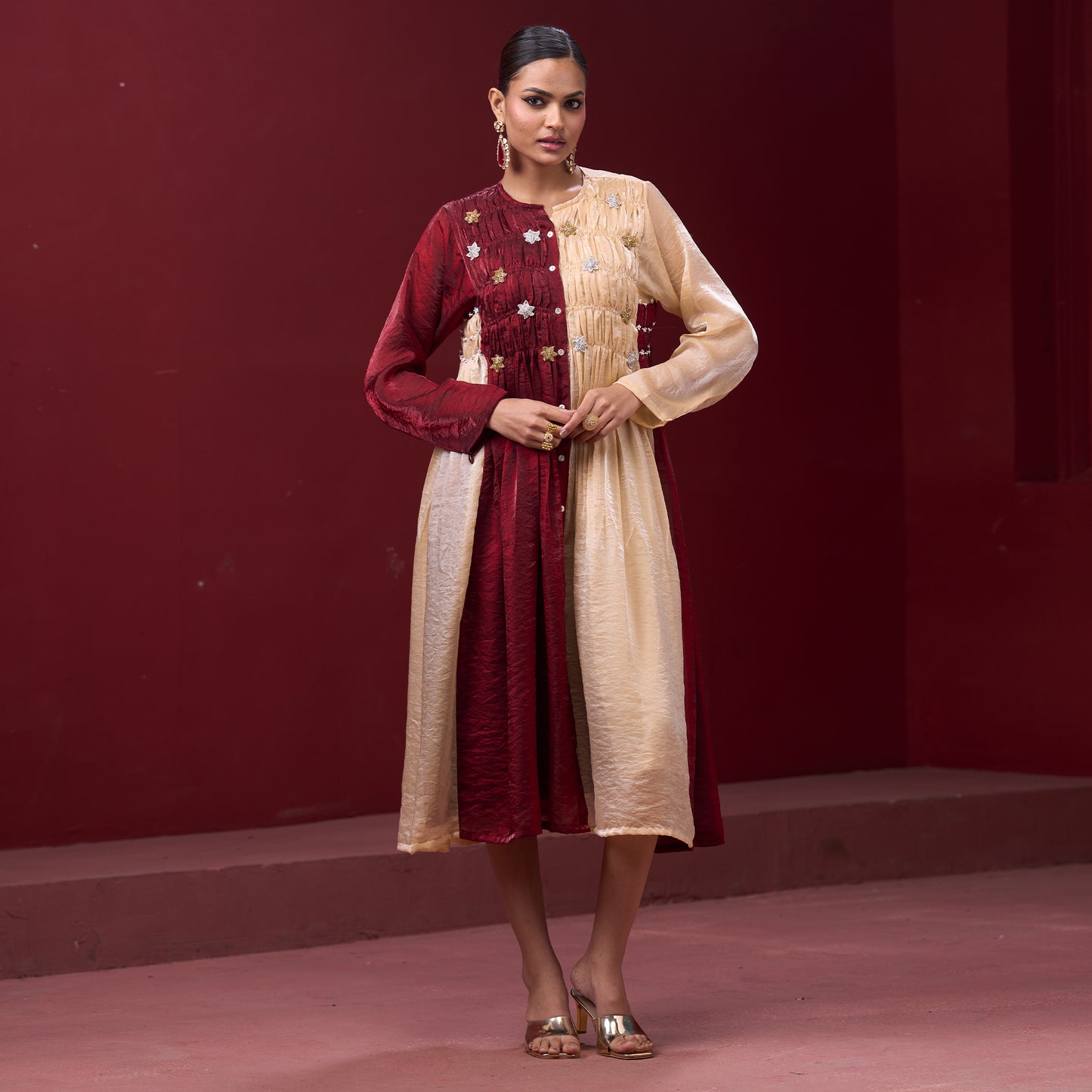 Flare embellished Red & Cream kurta Dress