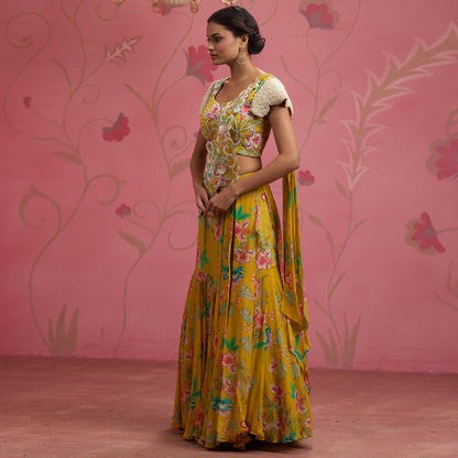 Bloom Story – Mustard Garden Handcrafted Draped Lehenga Set