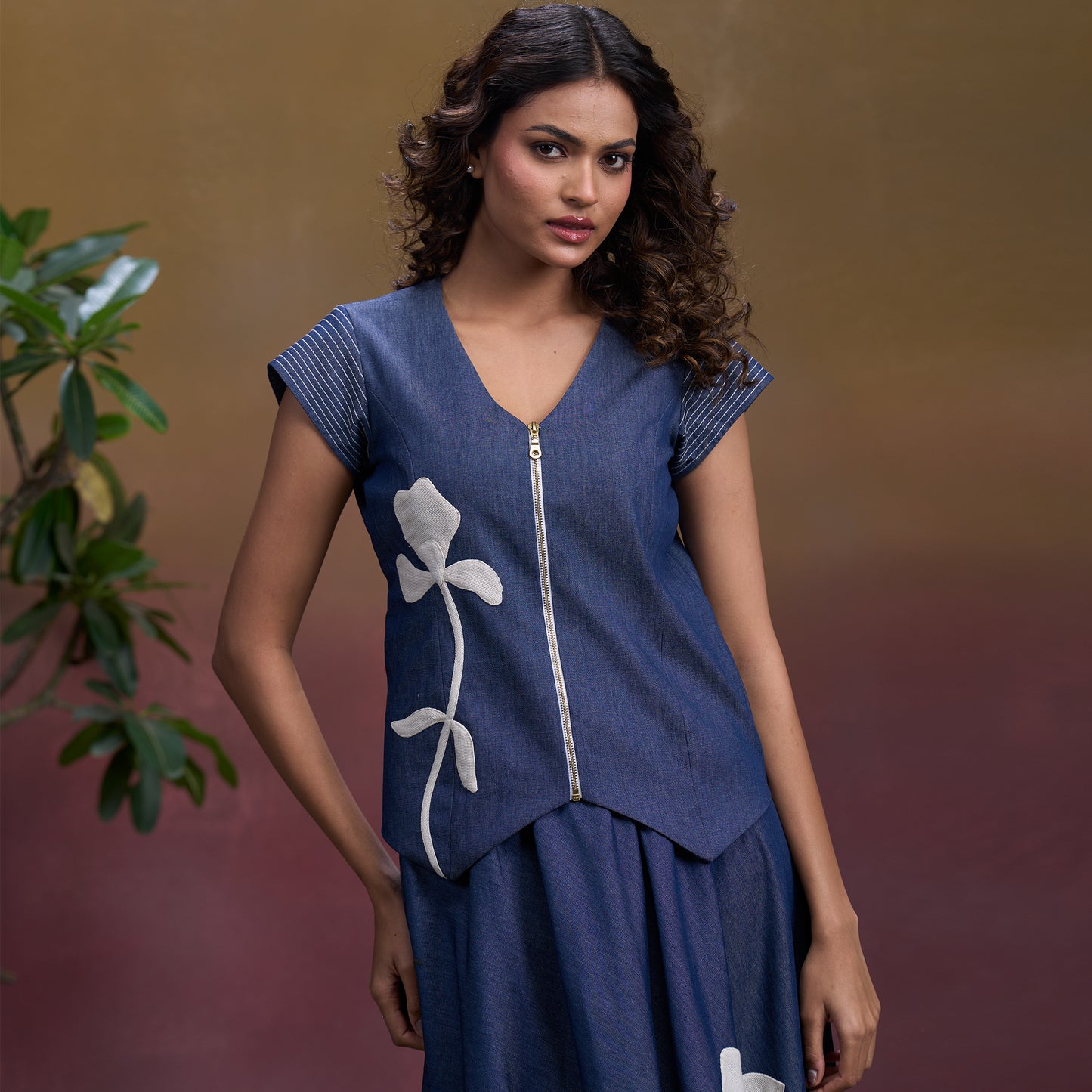 Indigo Petal Denim Waistcoat Top & Flare Skirt Set