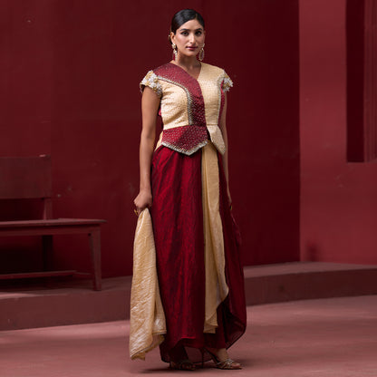 Embellished Red & Cream Top with Flare Skirt