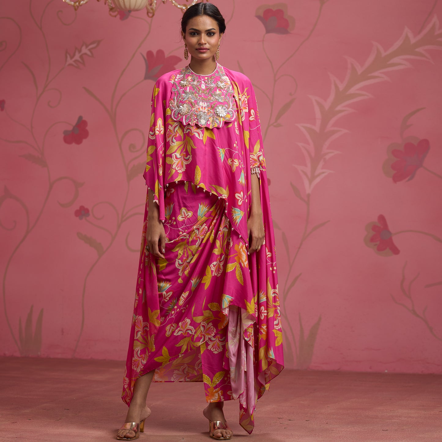 Bloom Story – Rose Pink Hand-Embroidered Cape Top Set