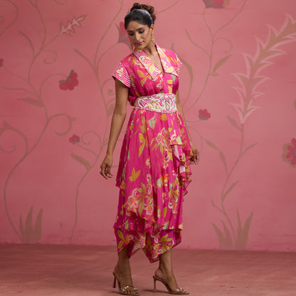 Bloom Story – Rose Pink Indo-Western Layered Dress with Embroidered Waist Belt
