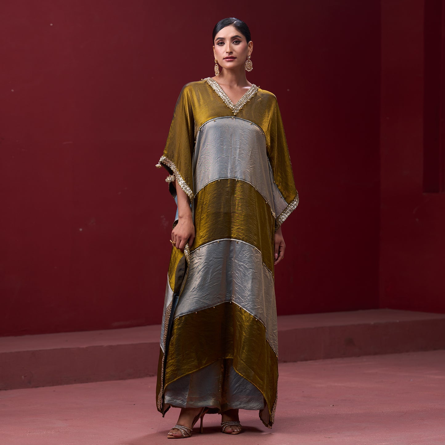 Embellished Golden & Silver Neck Kaftan Set