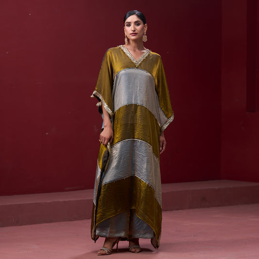 Embellished Golden & Silver Neck Kaftan Set