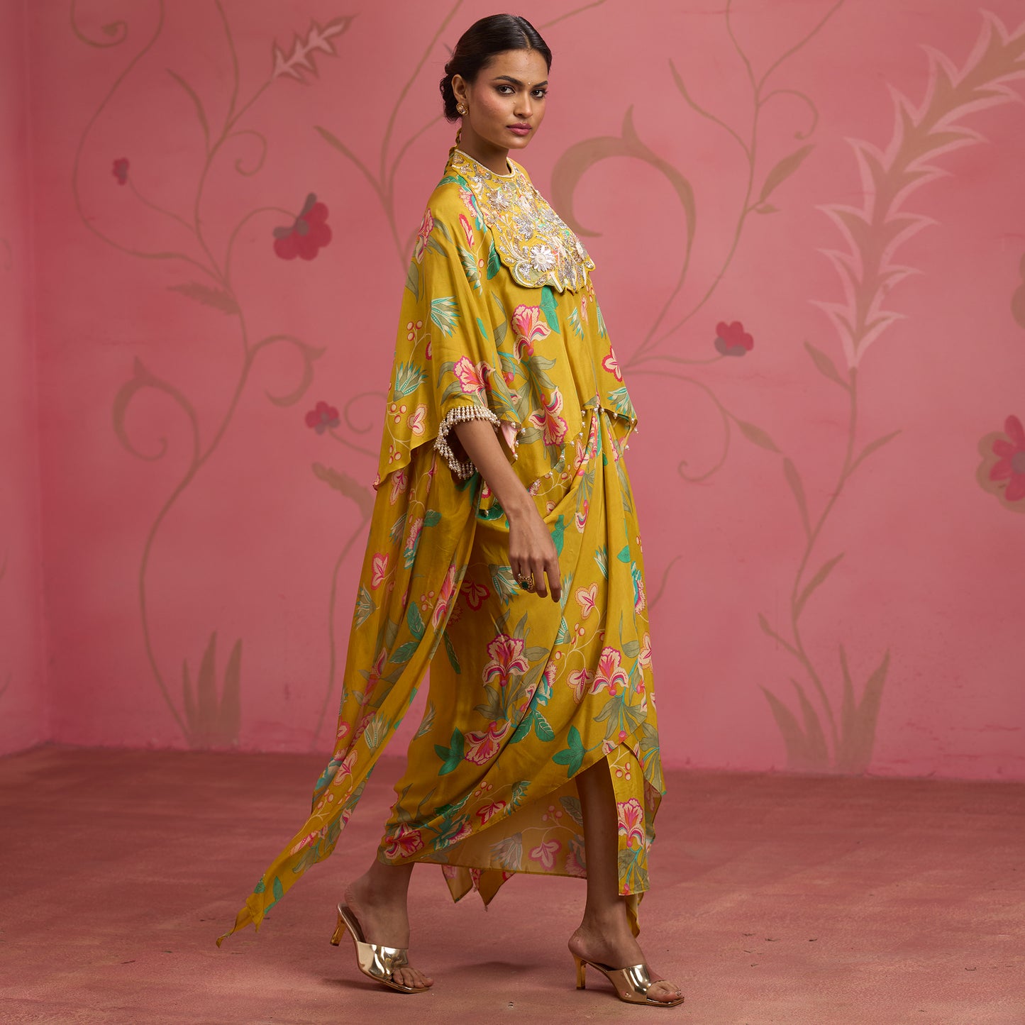 Bloom Story – Mustard Bloom Hand-Embroidered Cape Top Set