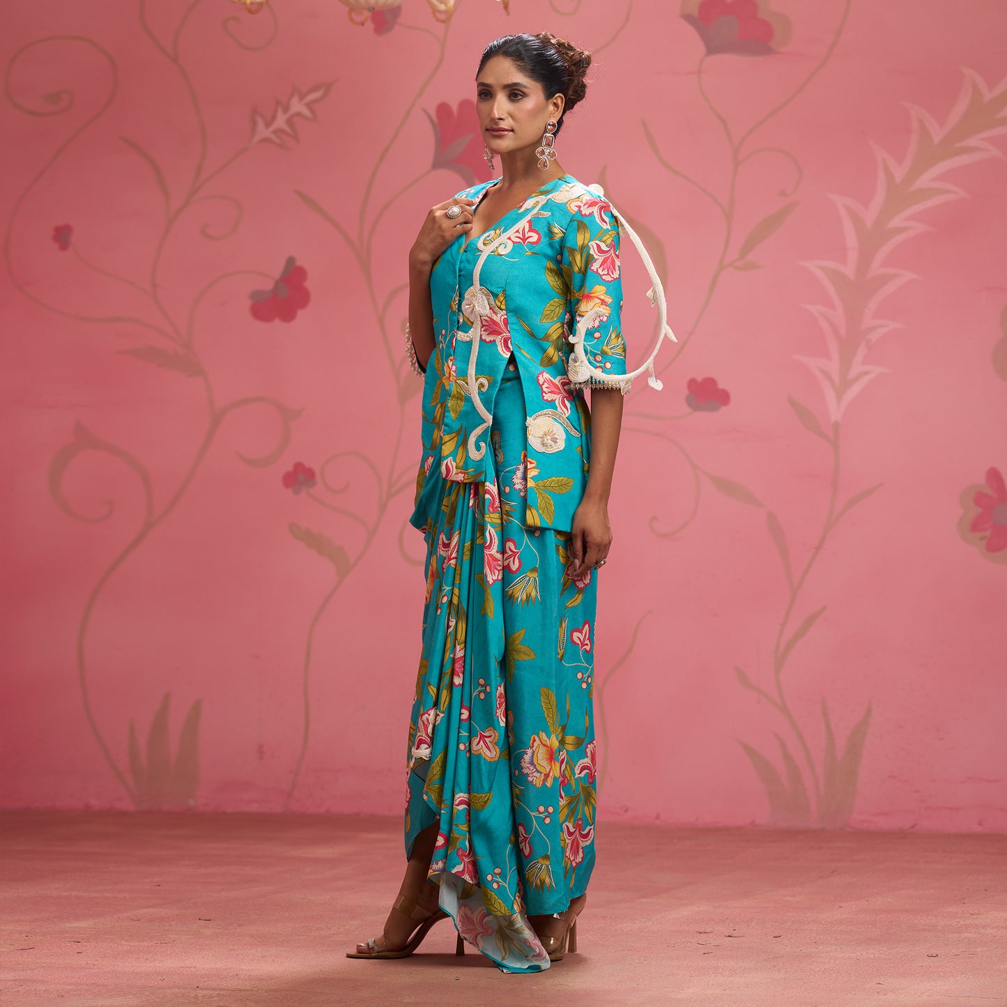 Bloom Story – Teal Hand-Embroidered Draped Fusion Set