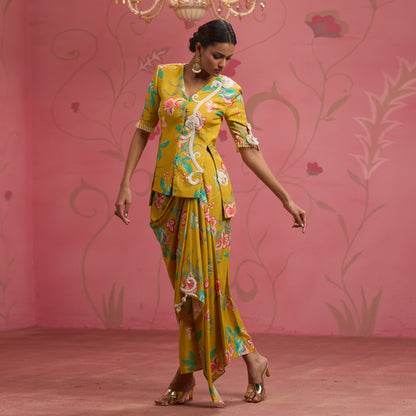 Bloom Story – Mustard Floral Hand-Embroidered Draped Fusion Set