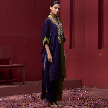 Embellished Purple & Green Neck Kaftan Set