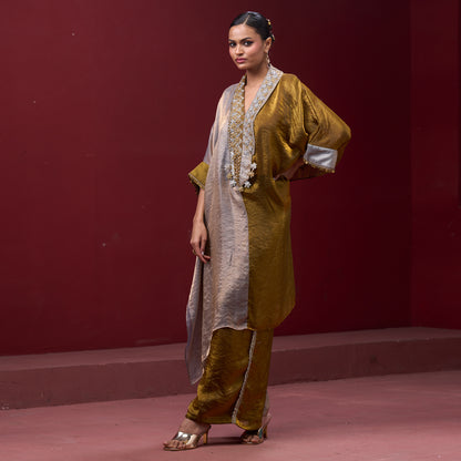 Embellished Golden & Silver Neck Kaftan Set