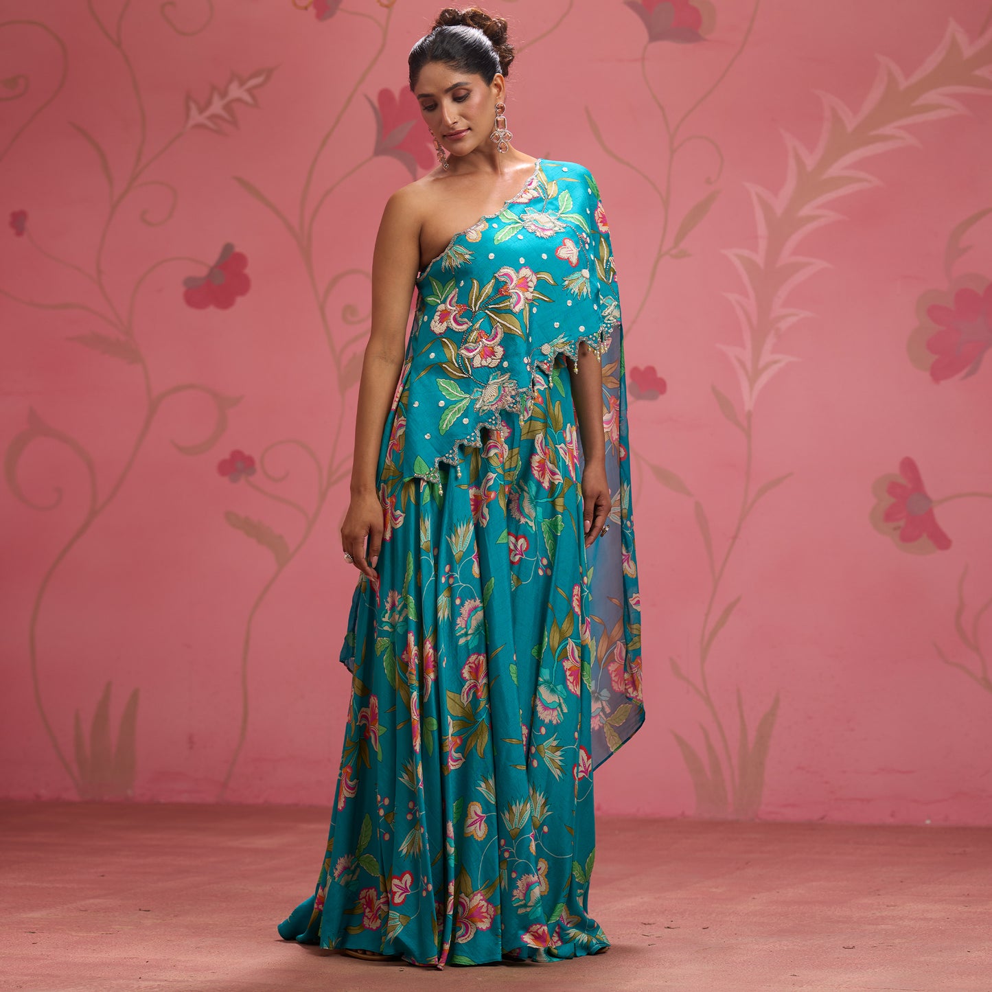 Bloom Story – Teal One-Shoulder Hand-Embroidered Cape Top Set