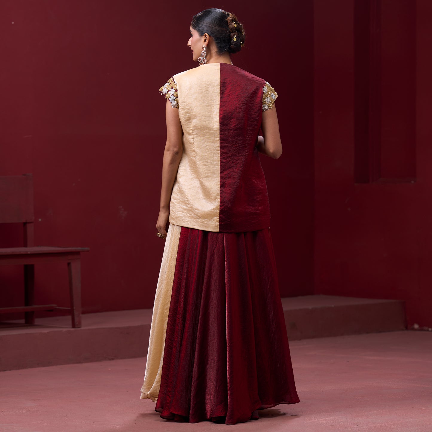 Flare Red & Cream Skirt with Embellished Top