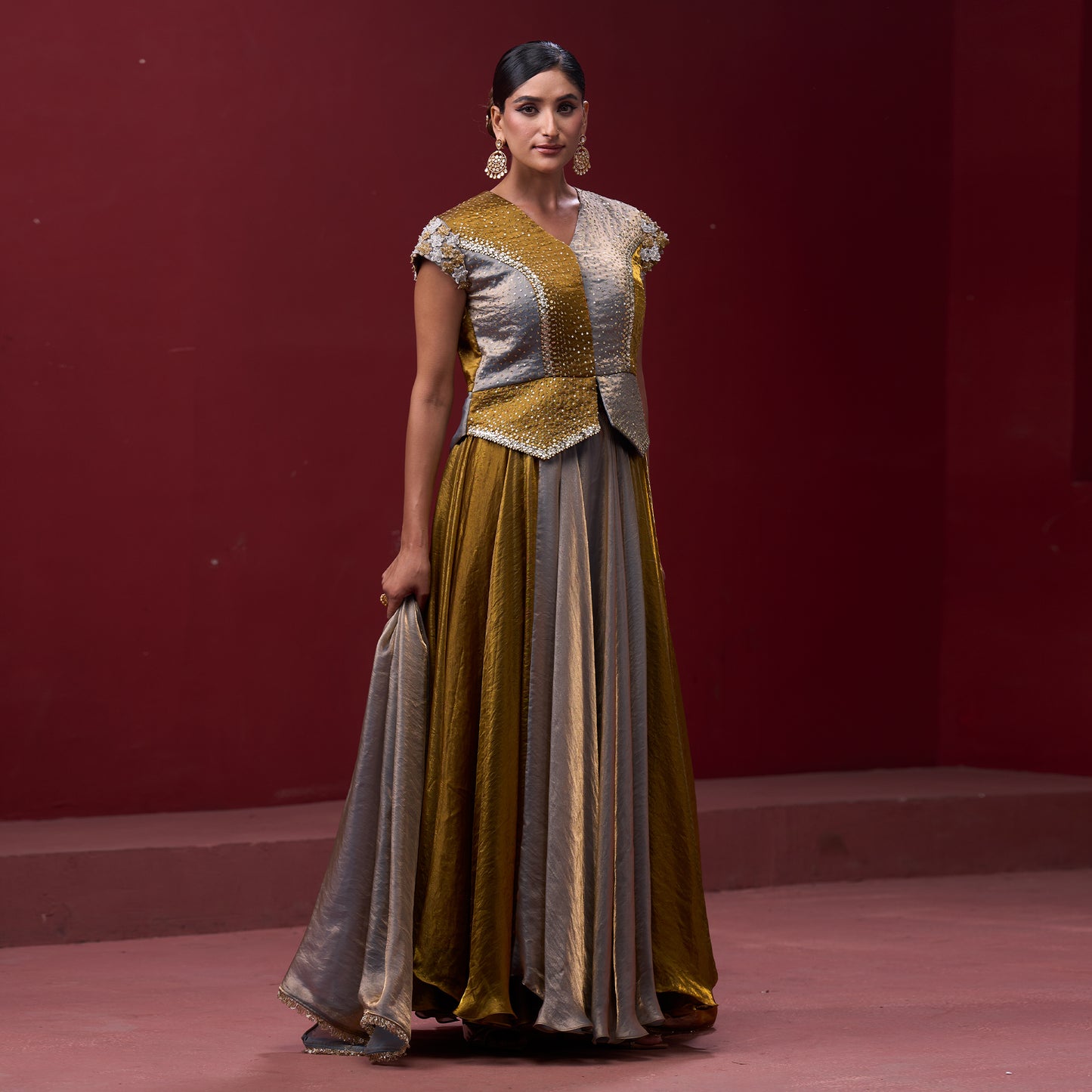 Drape Golden & Silver Skirt with Embellished Top and Dupatta