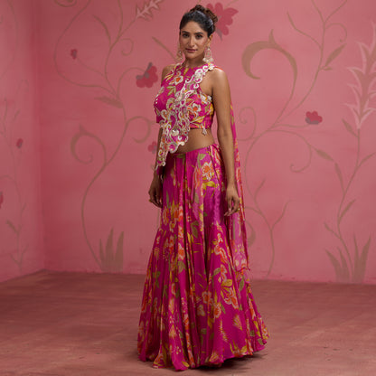 Bloom Story – Rose Pink Garden Handcrafted Draped Lehenga Set