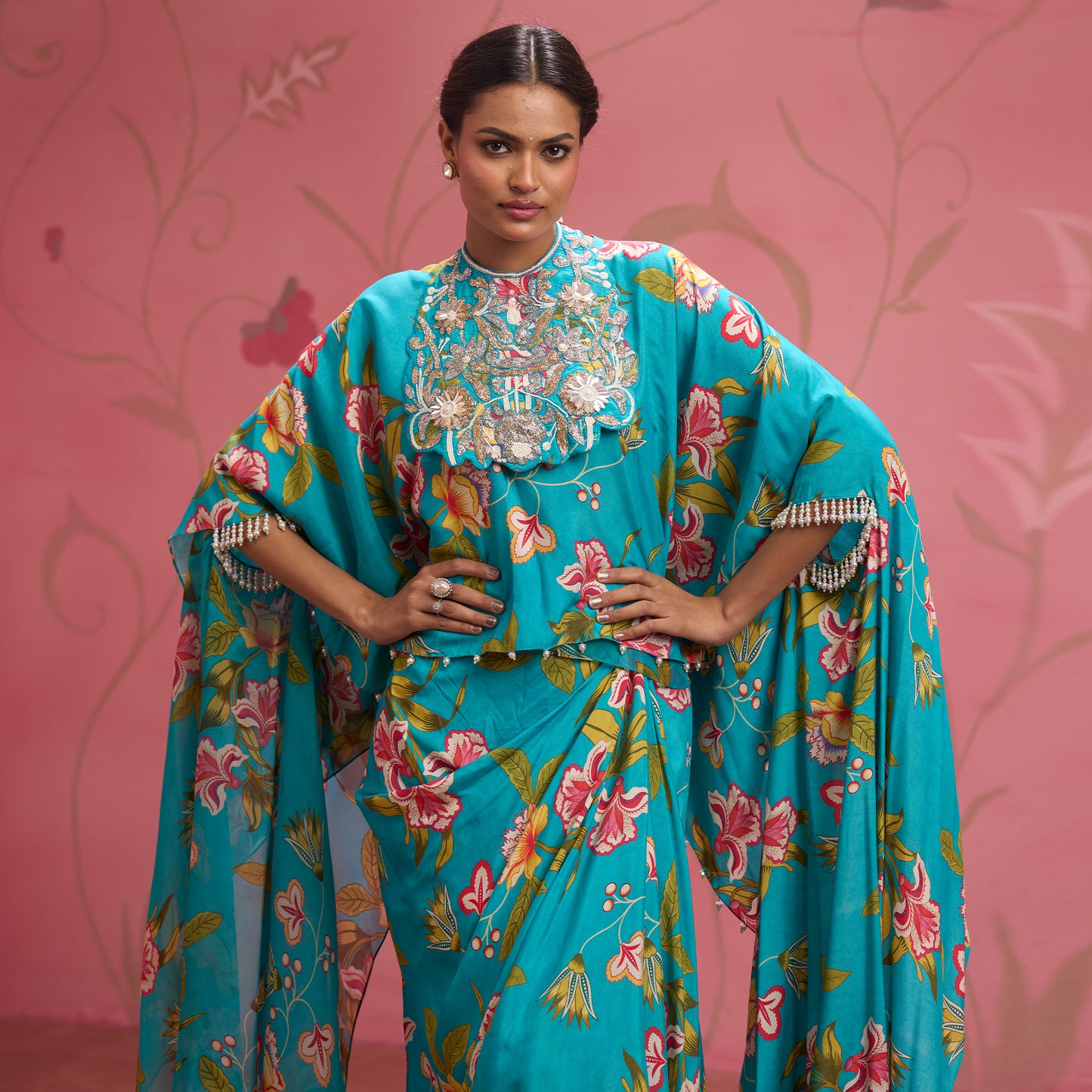 Bloom Story – Teal Garden Hand-Embroidered Cape Set