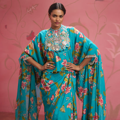 Bloom Story – Teal Garden Hand-Embroidered Cape Set