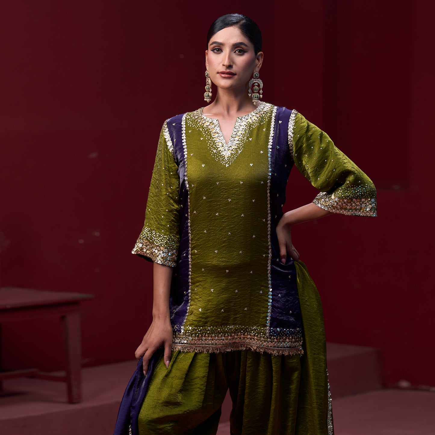 Farshi Purple & Green pant with Embellished kurta and Dupatta