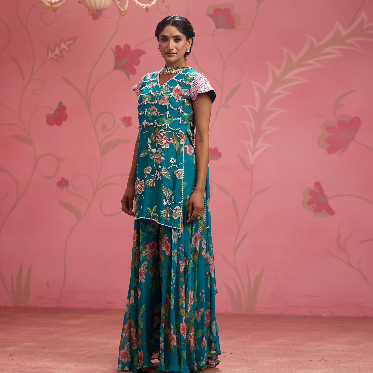 Bloom Story – Teal Garden Hand-Embroidered Layered Floral Dress