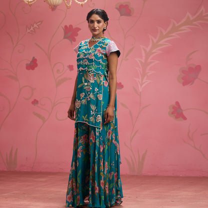 Bloom Story – Teal Garden Hand-Embroidered Layered Floral Dress