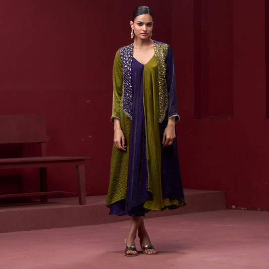 Flare Purple & Green dress with embellished jacket