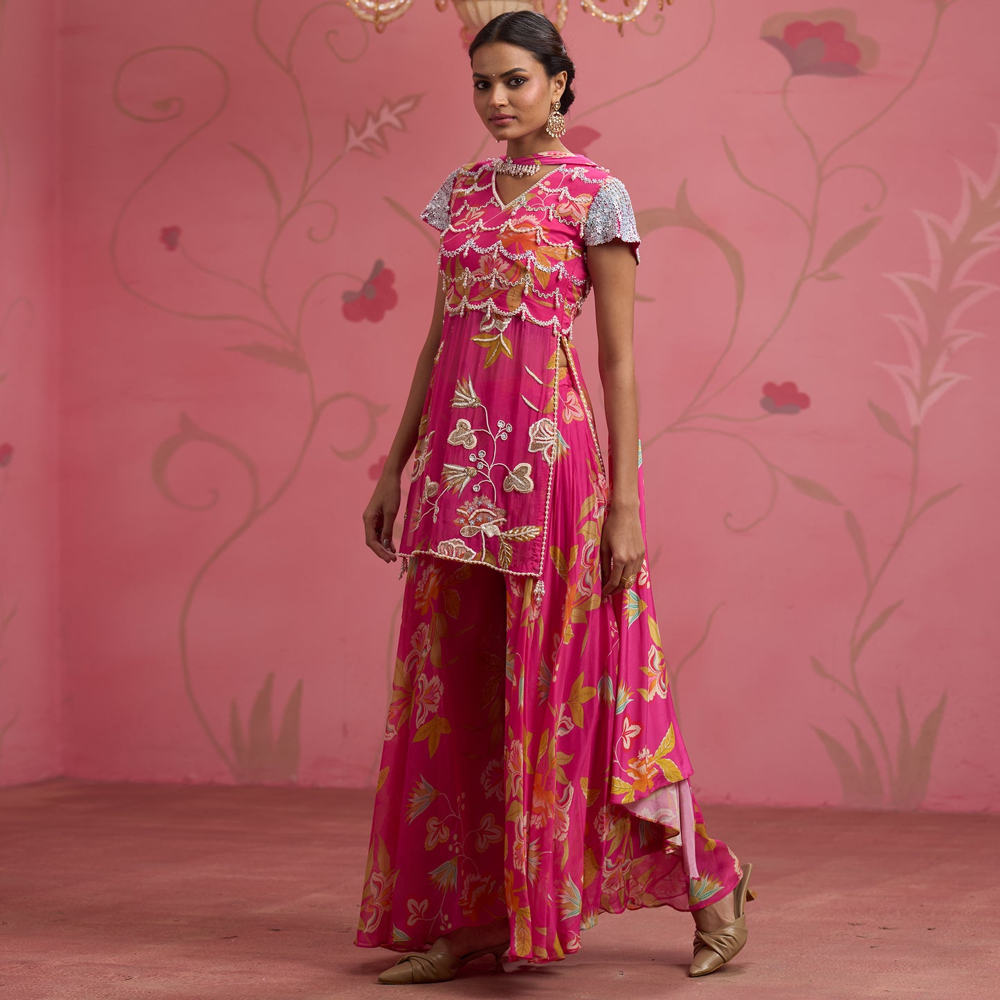 Bloom Story – Rose Pink Hand-Embroidered Layered Floral Dress