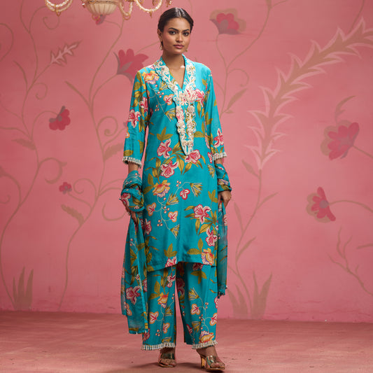 Bloom Story – Teal Blossom Hand-Embroidered Fusion Kurta Set