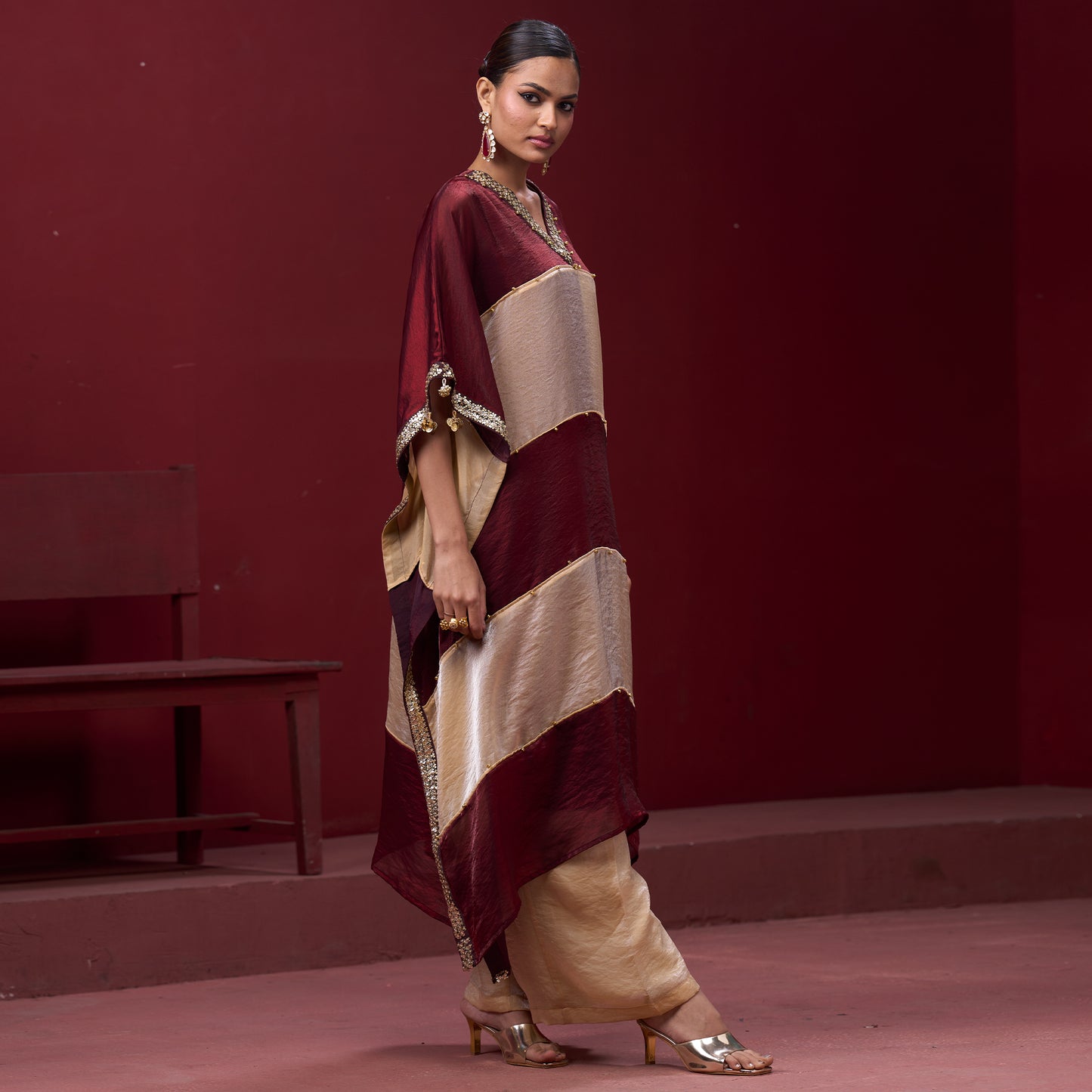 Embellished Red & Cream Neck Kaftan Set