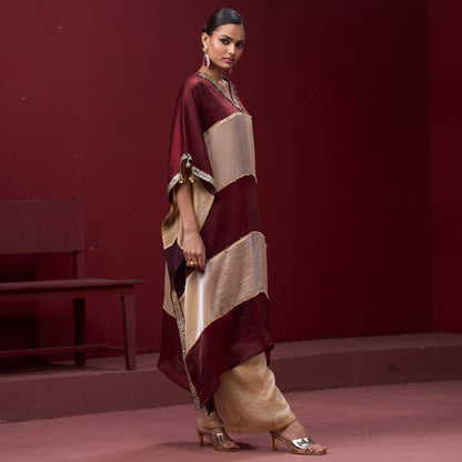 Embellished Red & Cream Neck Kaftan Set