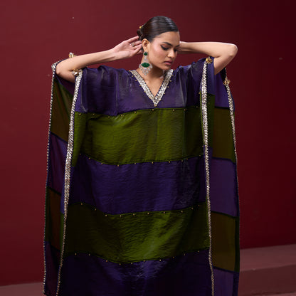 Embellished Purple & Green Neck Kaftan Set