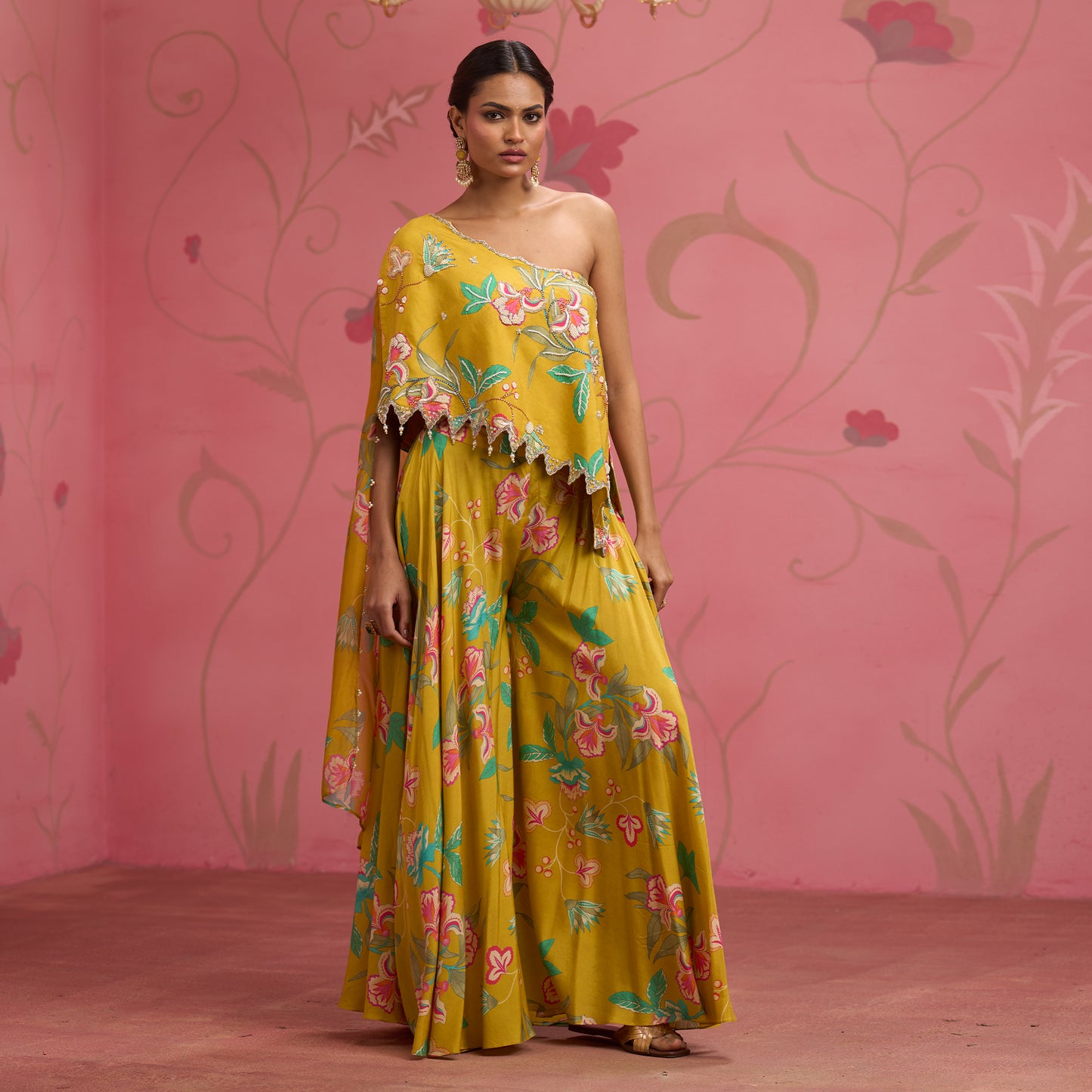 Bloom Story – Mustard One-Shoulder Hand-Embroidered Cape Top Set