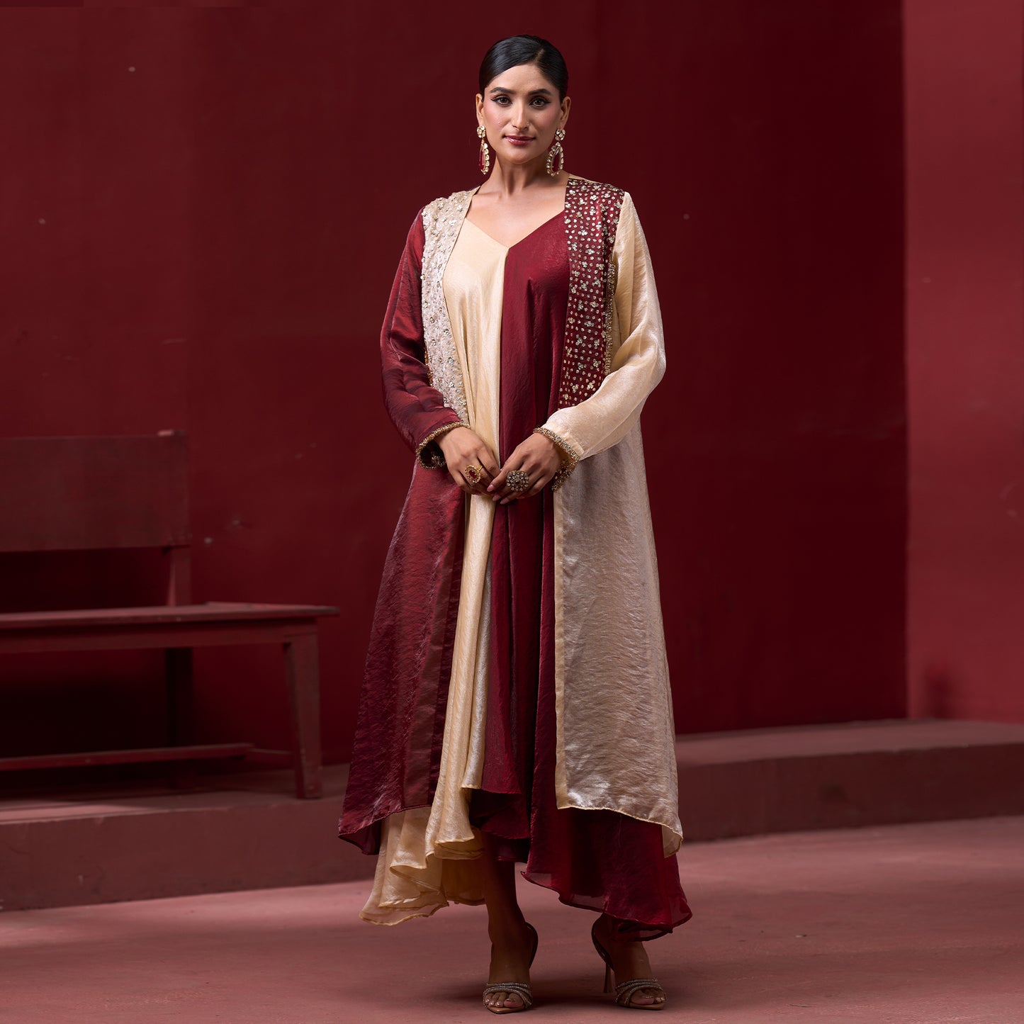 Flare Red & Cream dress with embellished jacket