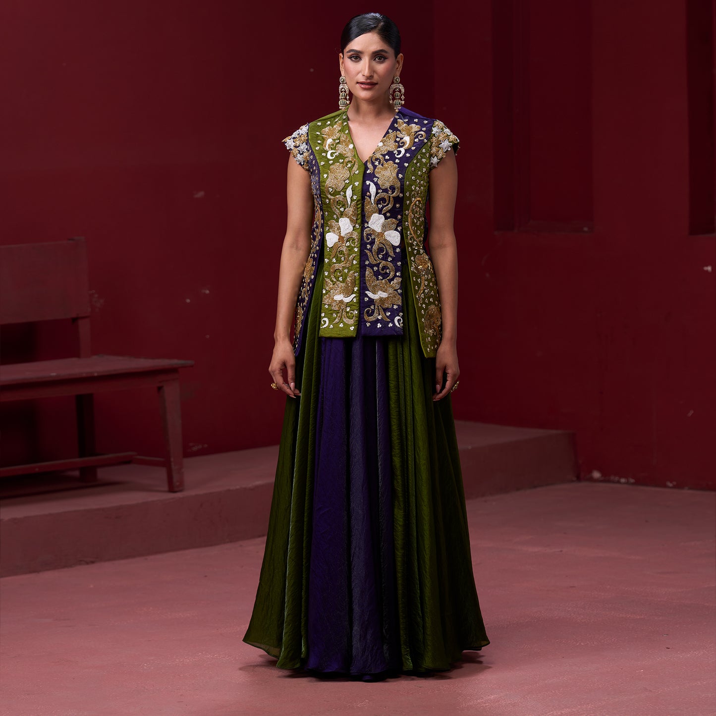 Flare Purple & Green Skirt with Embellished Top