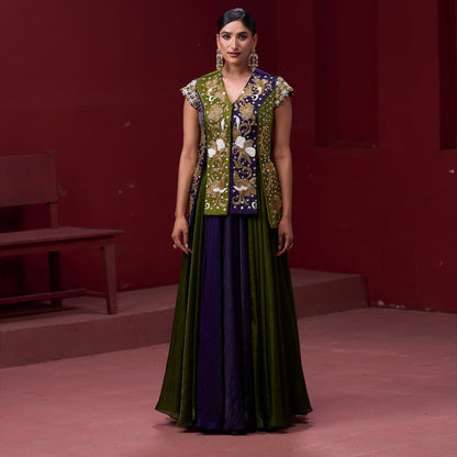 Flare Purple & Green Skirt with Embellished Top