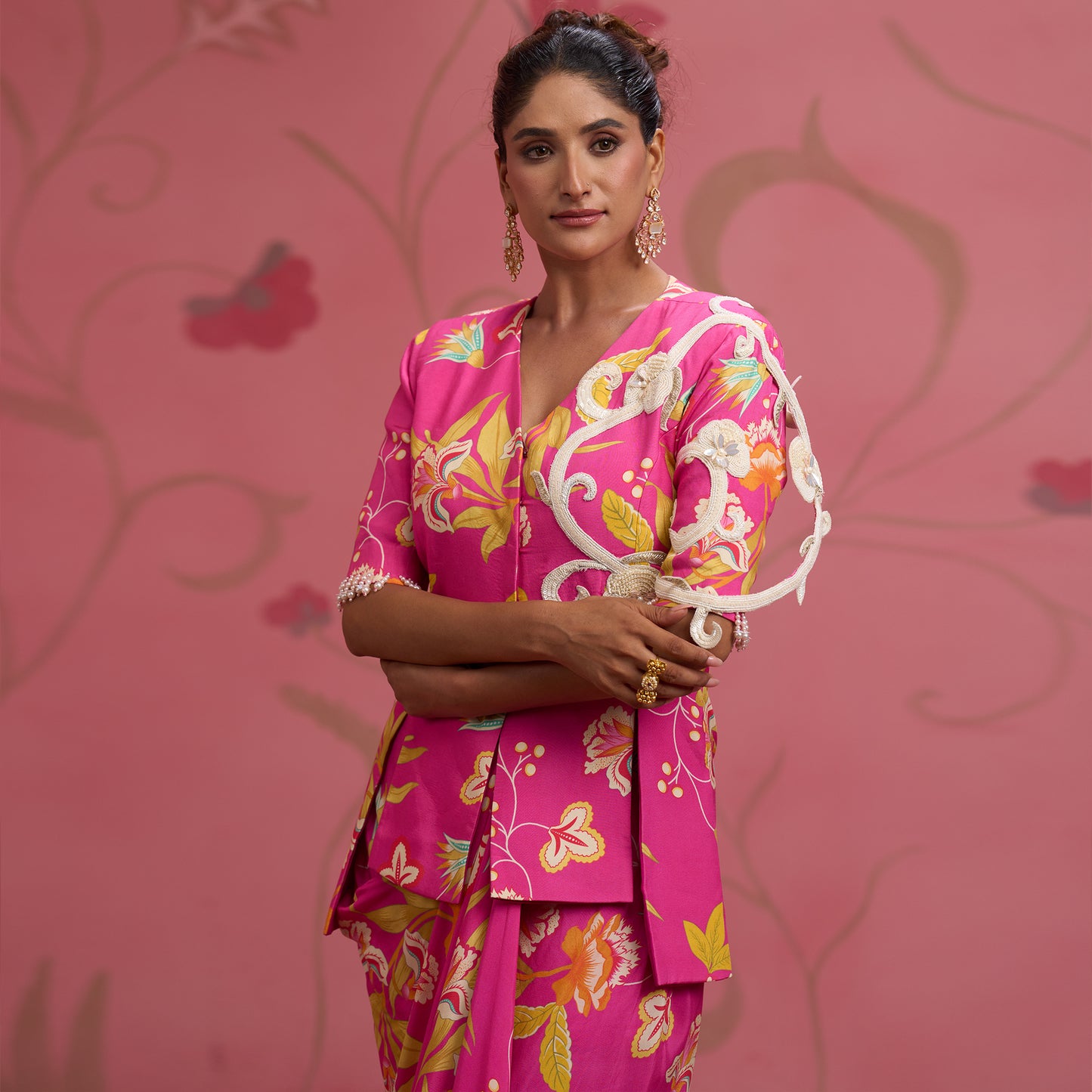 Bloom Story – Rose Pink Hand-Embroidered Draped Fusion Set