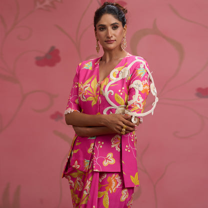 Bloom Story – Rose Pink Hand-Embroidered Draped Fusion Set