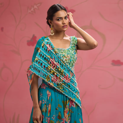 Bloom Story – Teal Floral Handcrafted Draped Lehenga Set