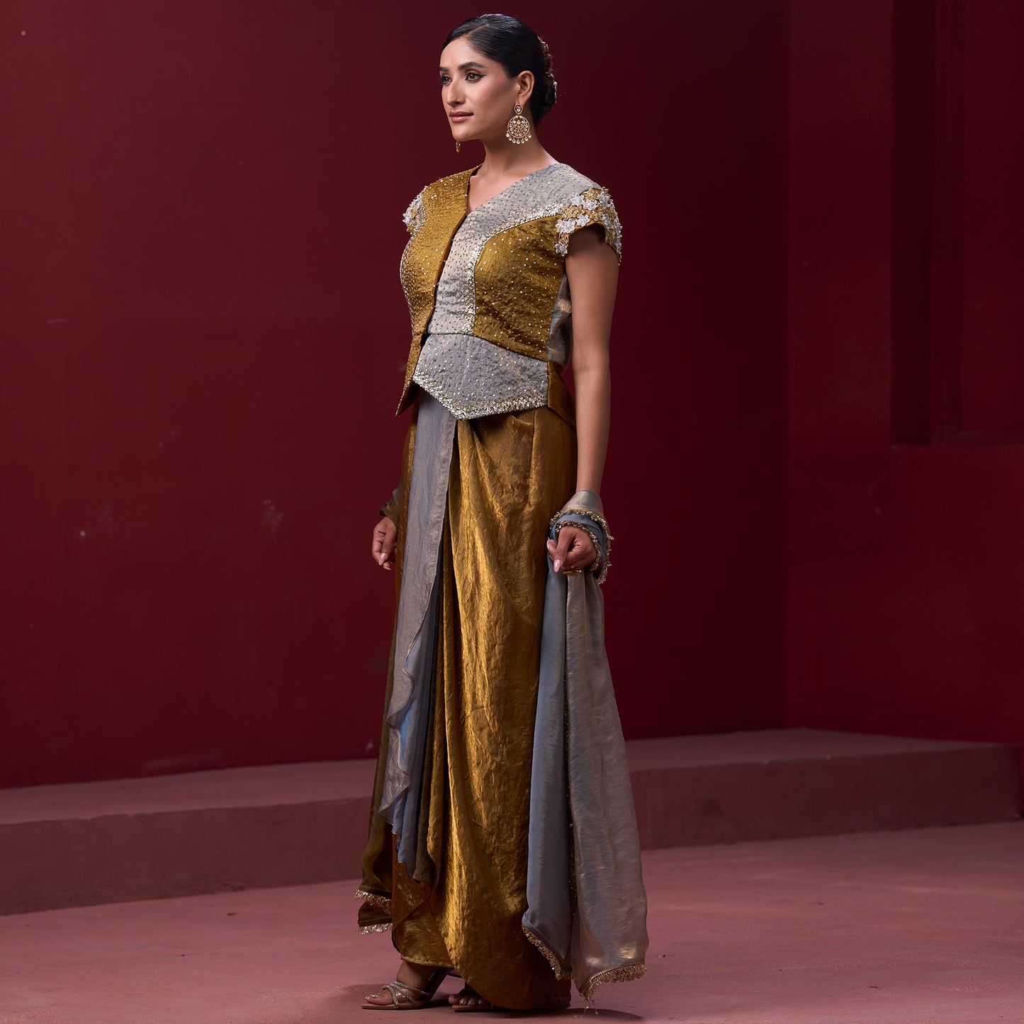 Embellished Golden & Silver Top with Flare Skirt