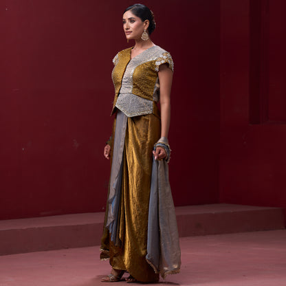 Embellished Golden & Silver Top with Flare Skirt