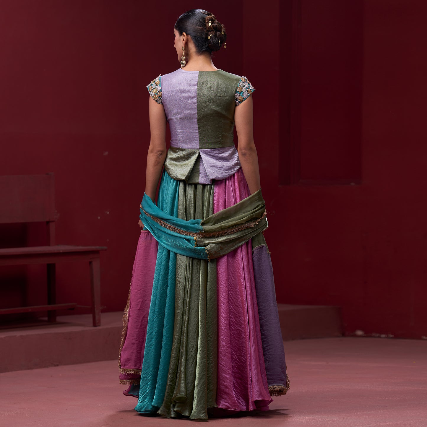 Drape Pink & Turquoise Skirt with Embellished Top and Dupatta